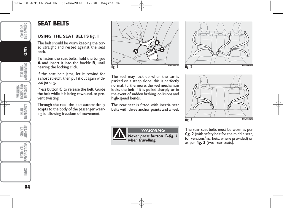 Seat belts | FIAT Grande Punto Actual User Manual | Page 95 / 216