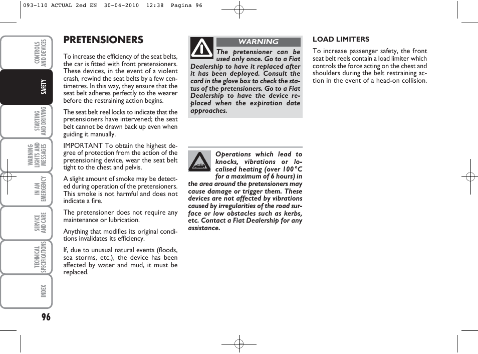 Pretensioners | FIAT Grande Punto Actual User Manual | Page 97 / 216