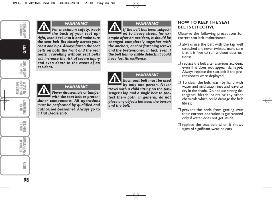 FIAT Grande Punto Actual User Manual | Page 99 / 216