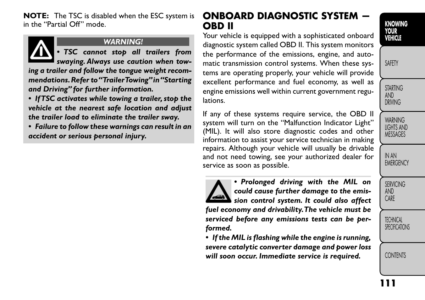 Onboard diagnostic system — obd ii | FIAT Freemont User Manual | Page 117 / 266