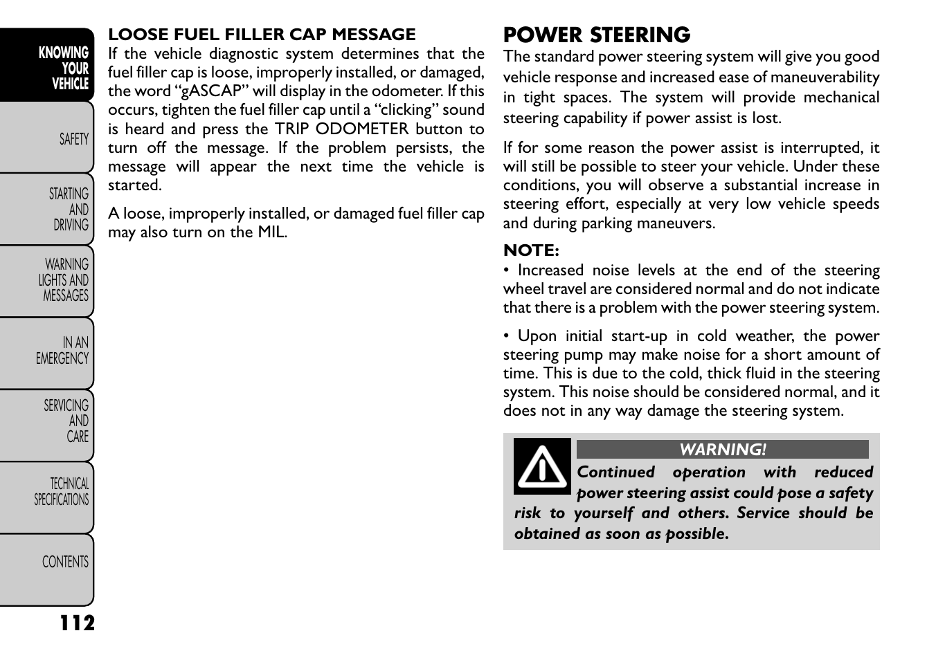 Power steering | FIAT Freemont User Manual | Page 118 / 266