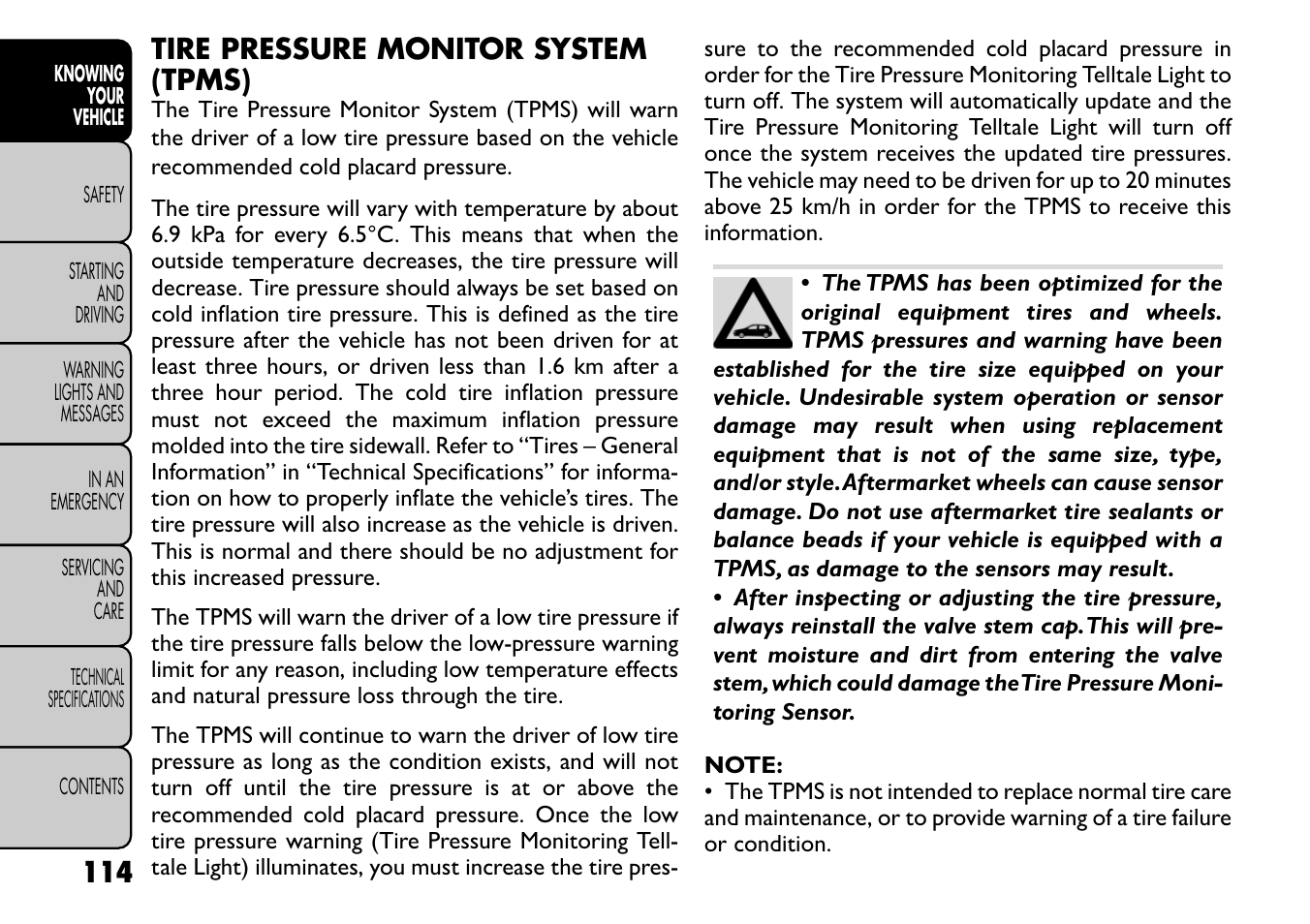 Tire pressure monitor system (tpms) | FIAT Freemont User Manual | Page 120 / 266