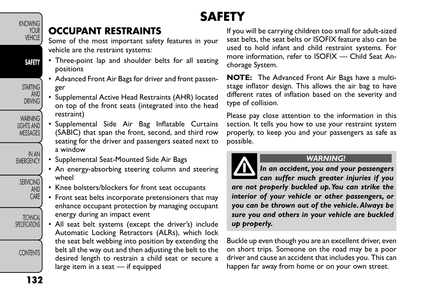 Safety, Occupant restraints | FIAT Freemont User Manual | Page 138 / 266