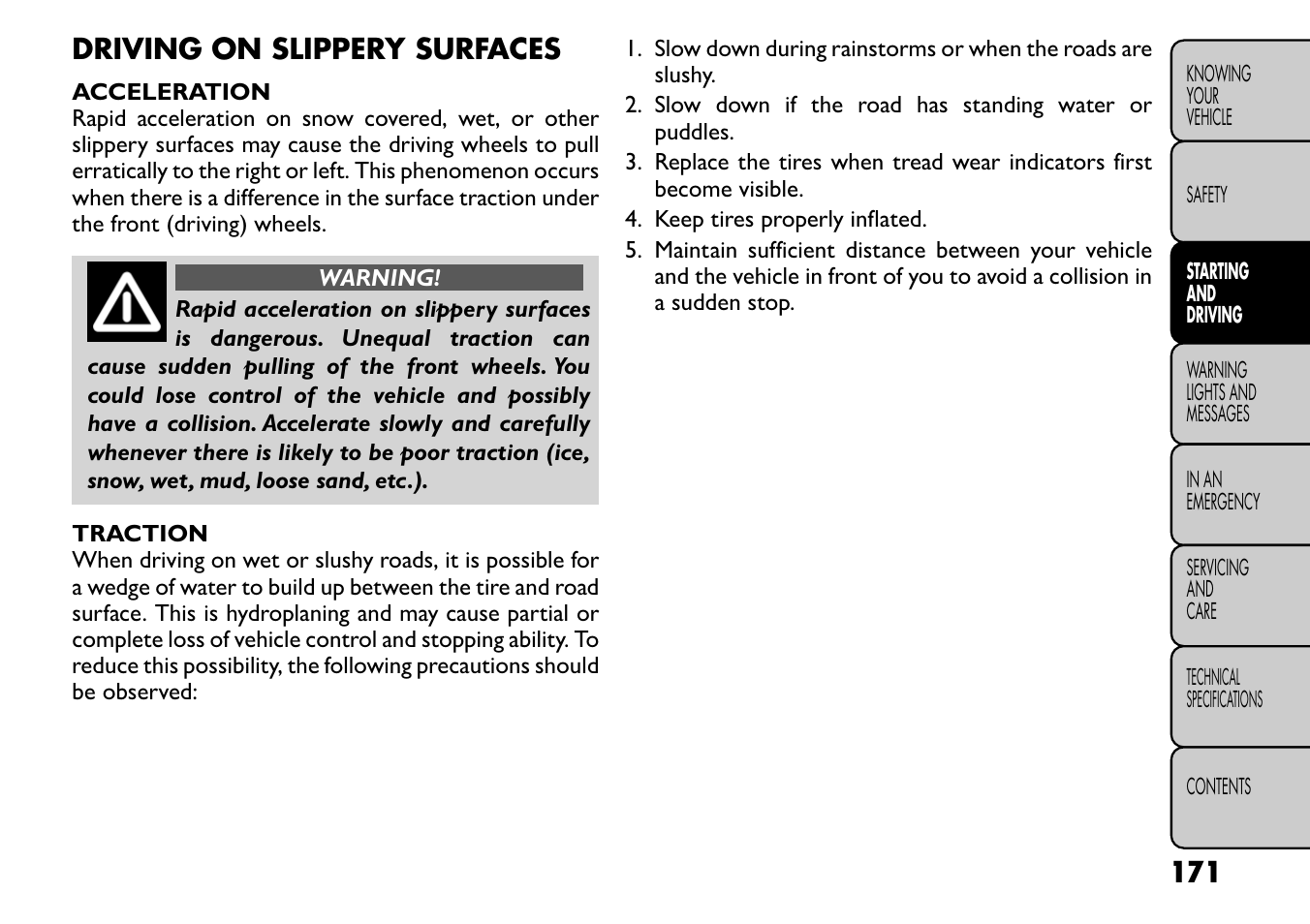 Driving on slippery surfaces | FIAT Freemont User Manual | Page 177 / 266