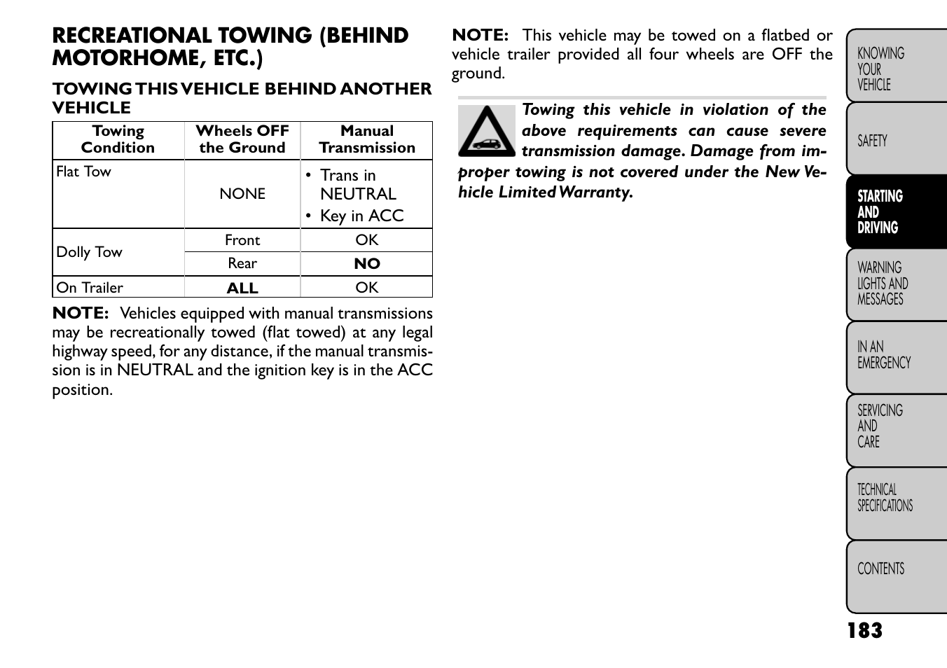 Recreational towing (behind motorhome, etc.) | FIAT Freemont User Manual | Page 189 / 266