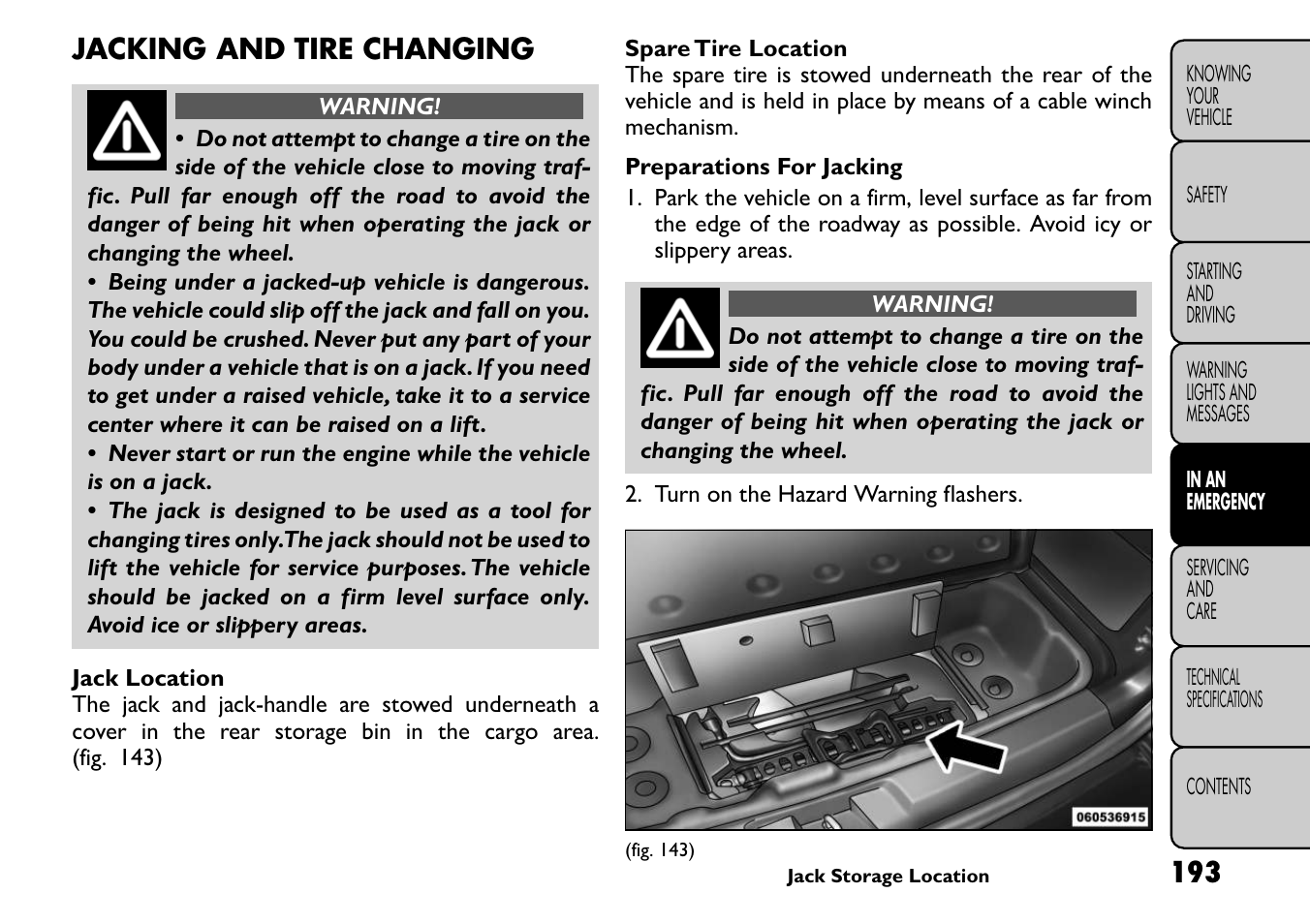 Jacking and tire changing | FIAT Freemont User Manual | Page 199 / 266