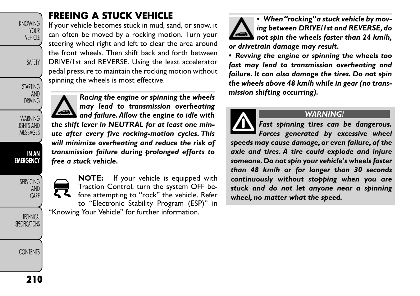 Freeing a stuck vehicle | FIAT Freemont User Manual | Page 216 / 266