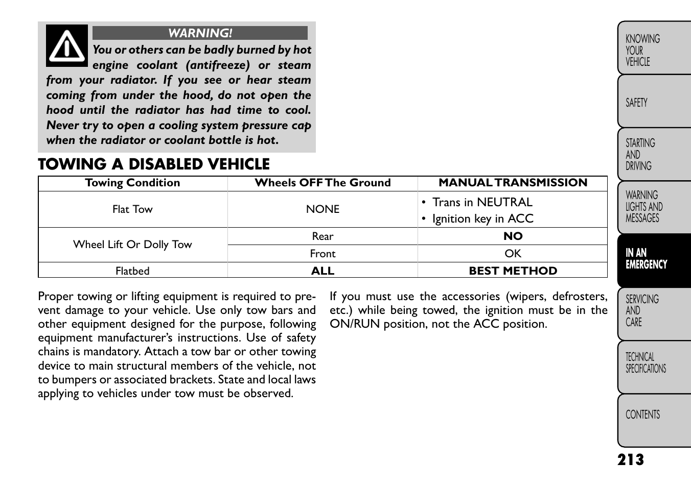 Towing a disabled vehicle | FIAT Freemont User Manual | Page 219 / 266