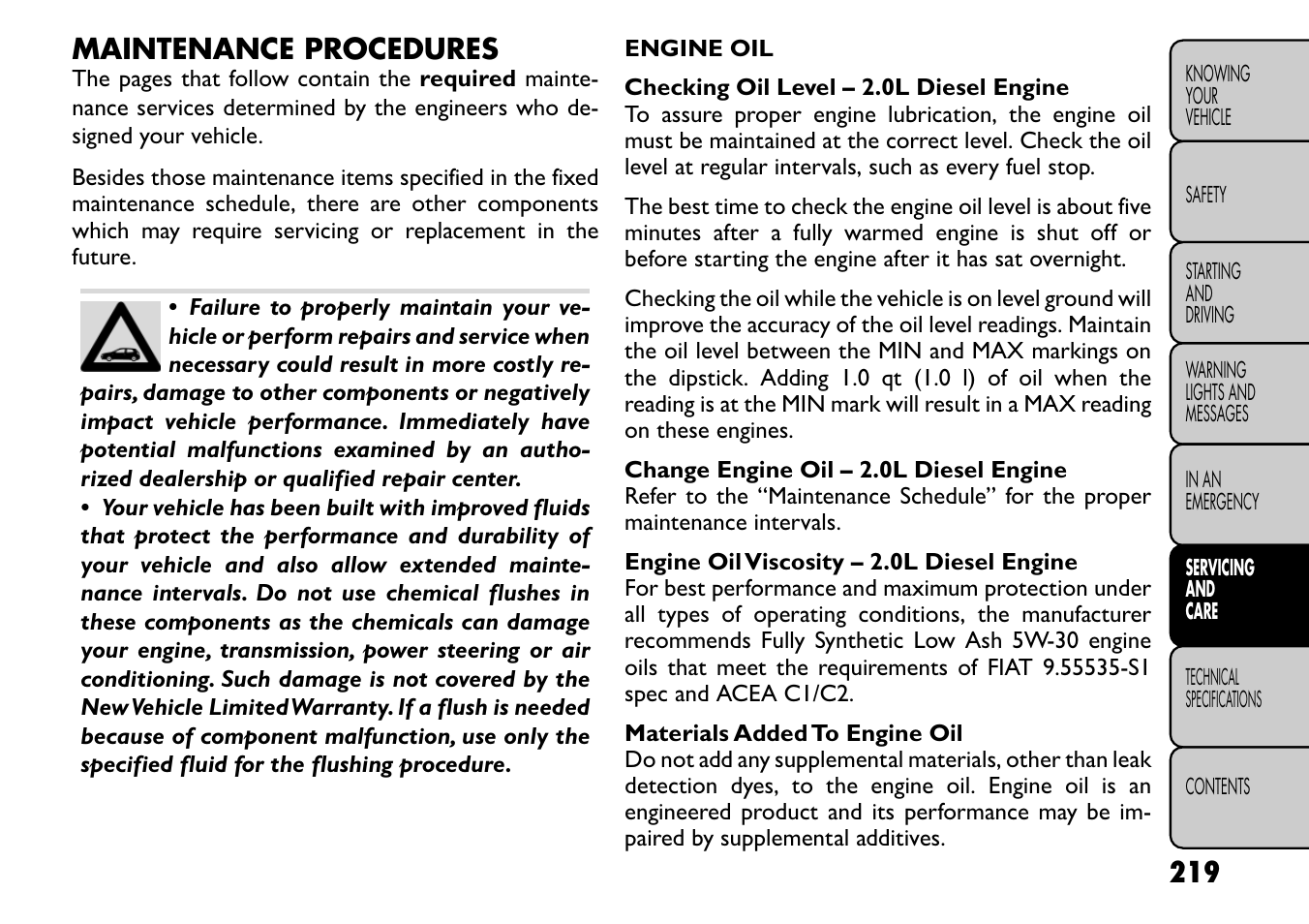 Maintenance procedures | FIAT Freemont User Manual | Page 225 / 266