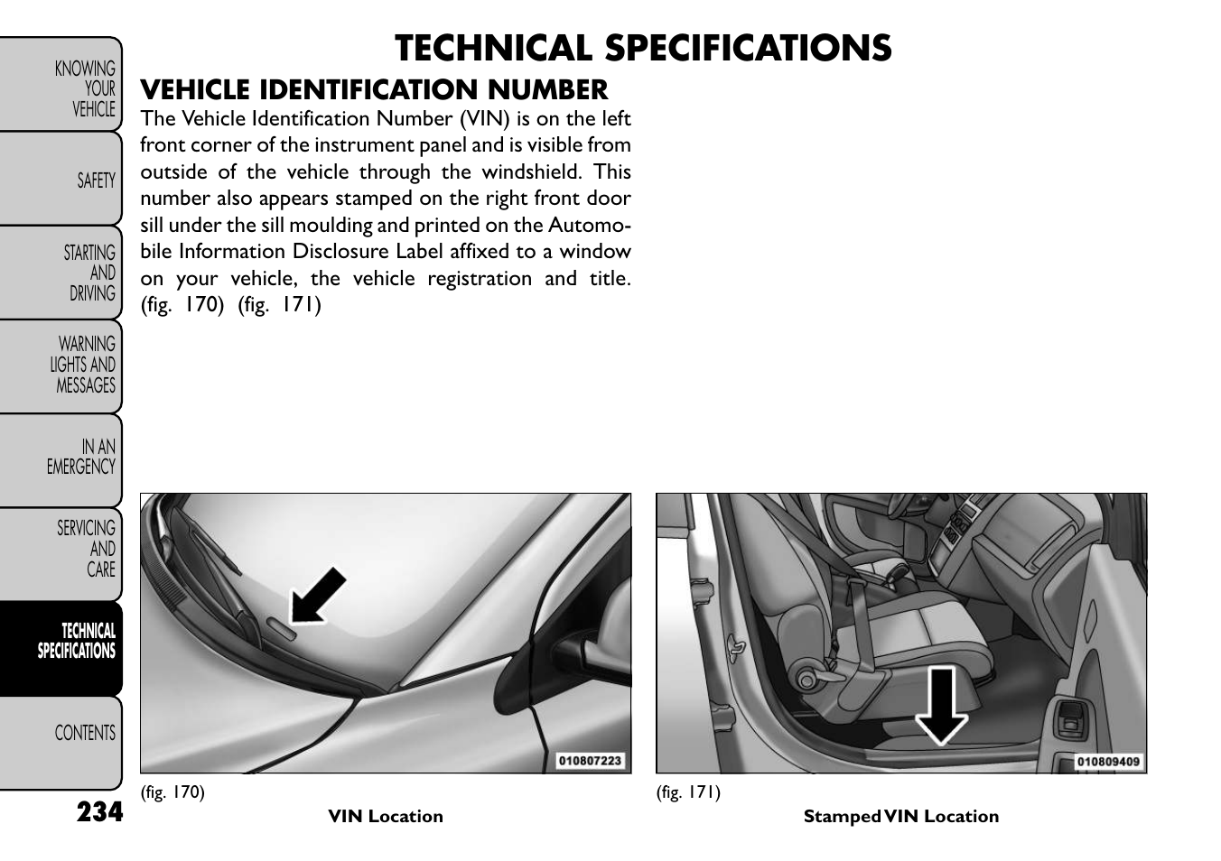 Technical specifications, Vehicle identification number | FIAT Freemont User Manual | Page 240 / 266