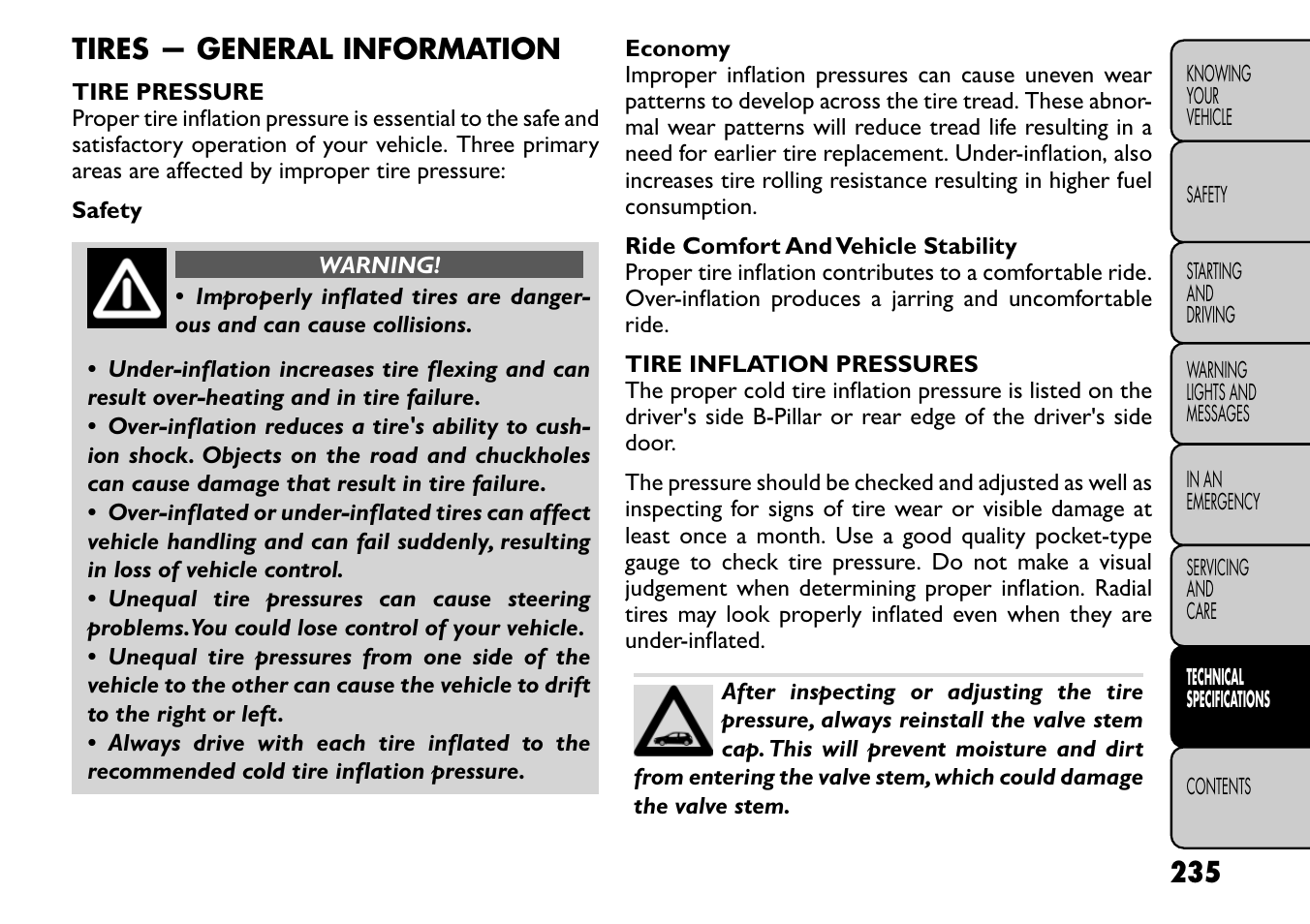 Tires — general information | FIAT Freemont User Manual | Page 241 / 266