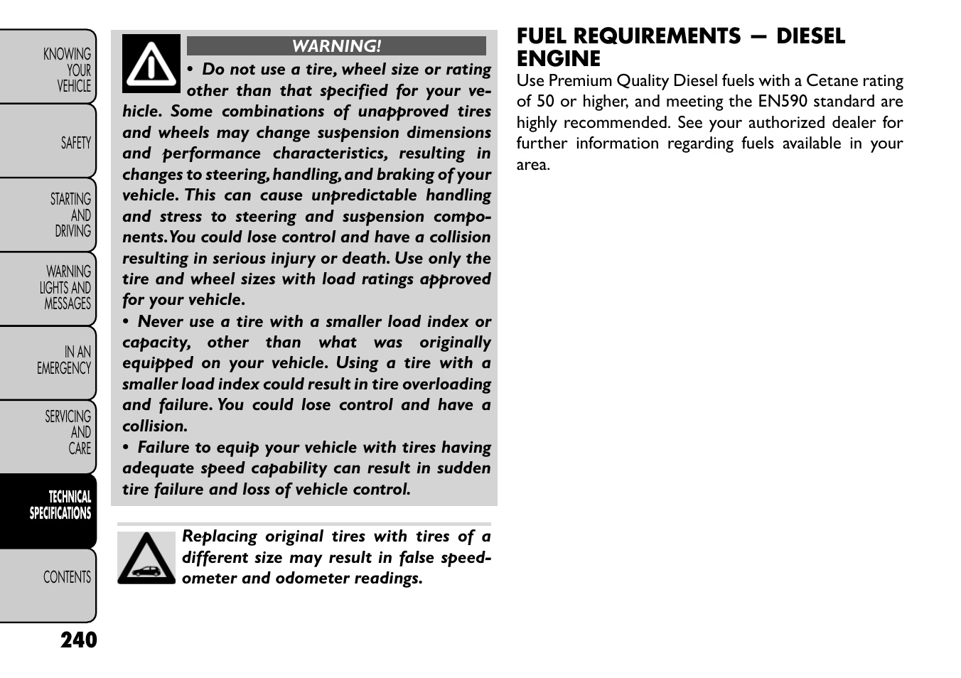 Fuel requirements — diesel engine | FIAT Freemont User Manual | Page 246 / 266