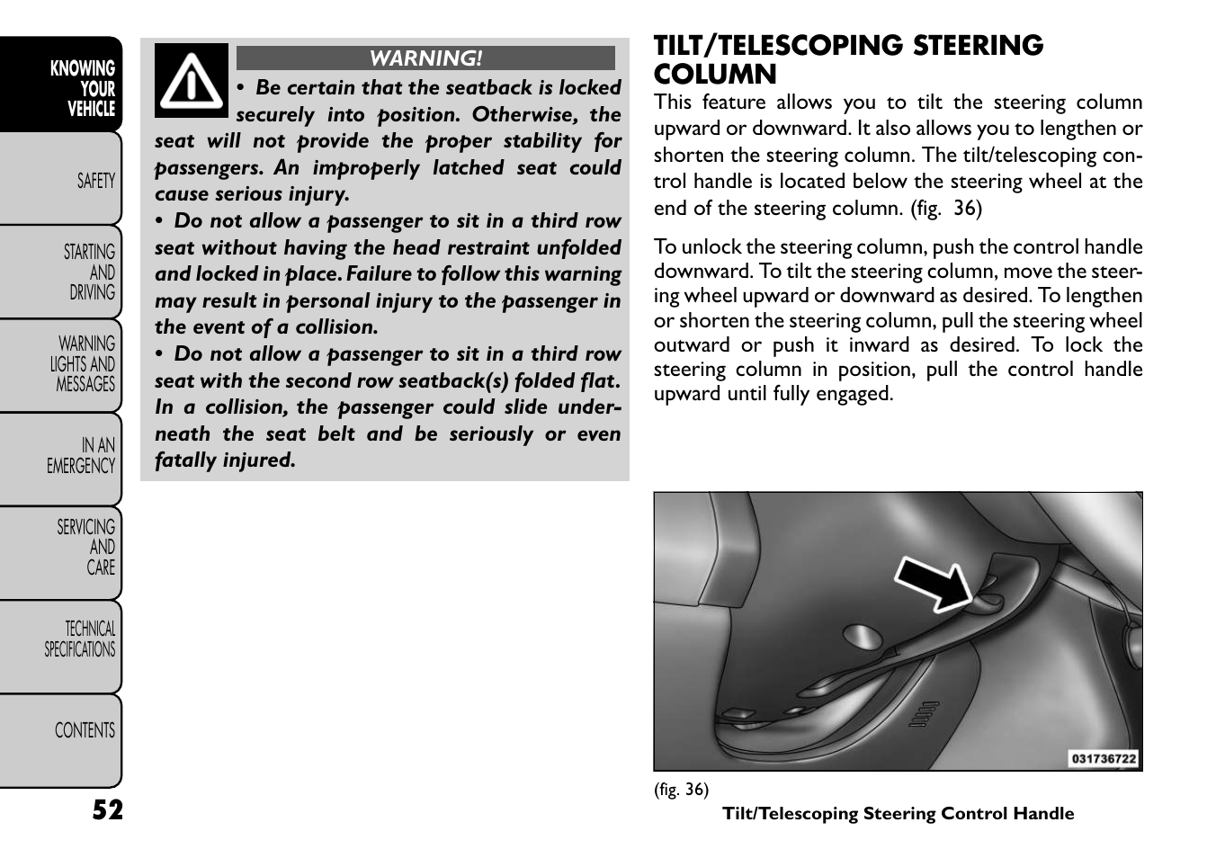 Tilt/telescoping steering column | FIAT Freemont User Manual | Page 58 / 266