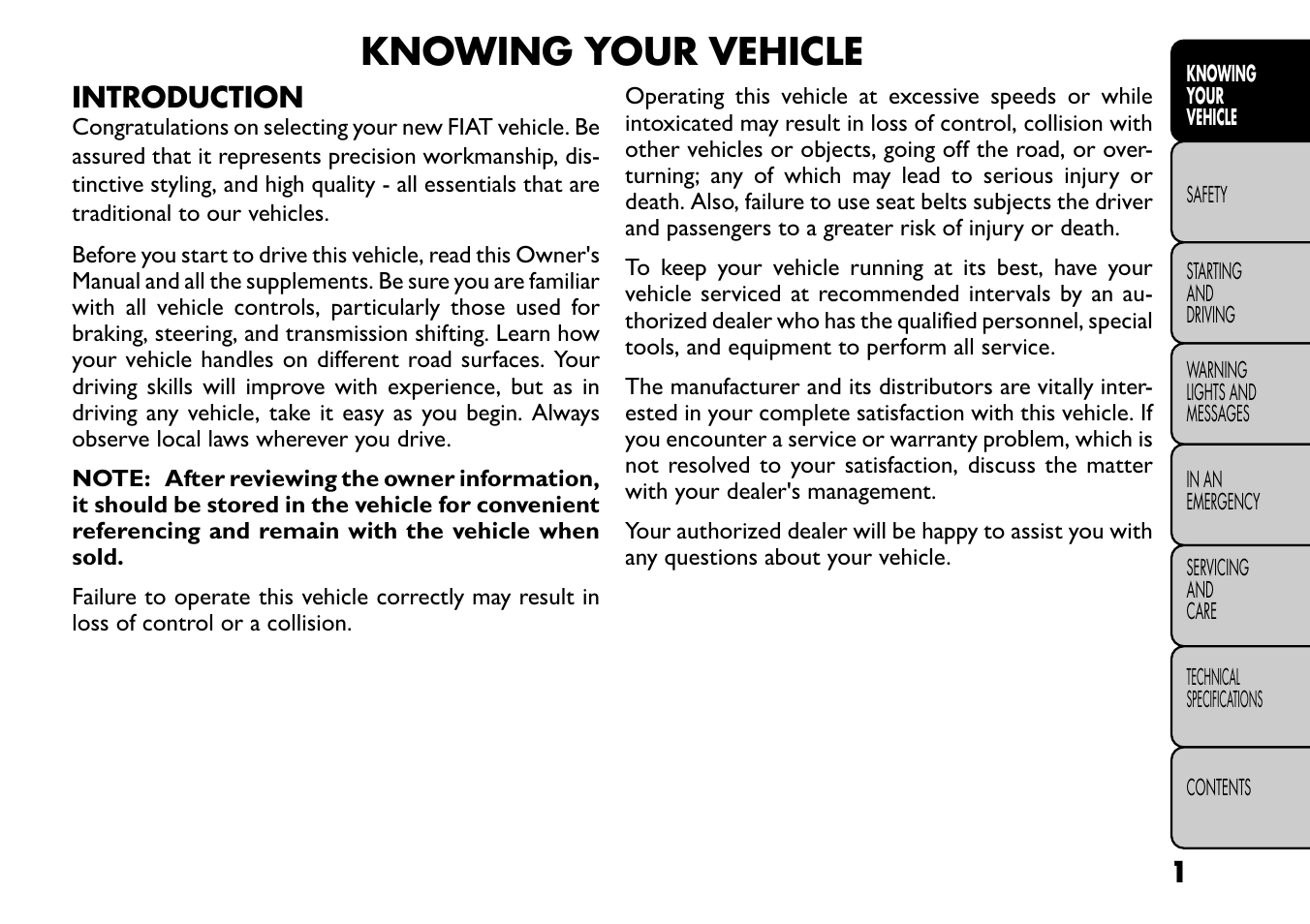 Knowing your vehicle | FIAT Freemont User Manual | Page 7 / 266