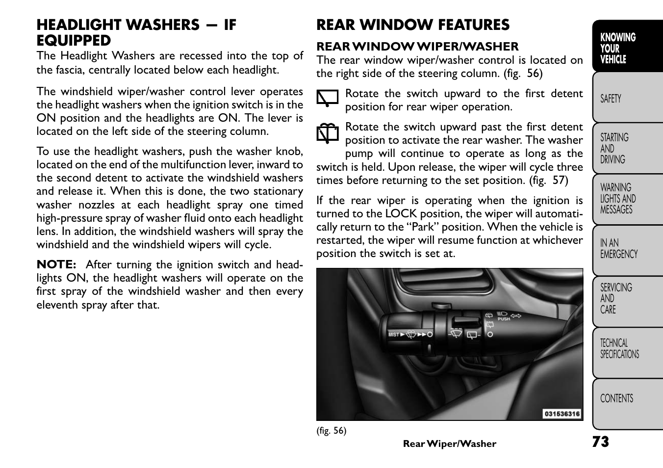 Headlight washers — if equipped, Rear window features | FIAT Freemont User Manual | Page 79 / 266