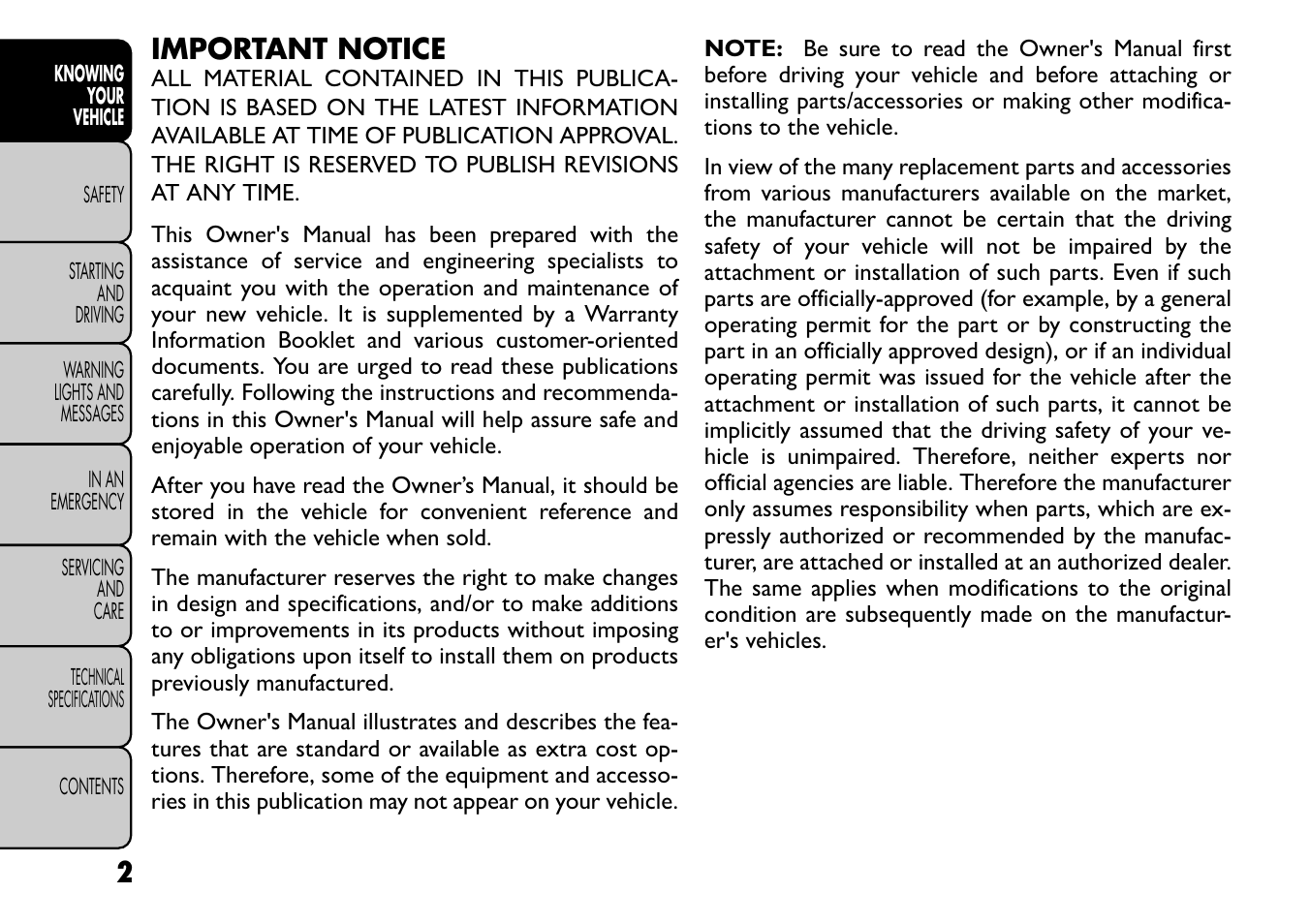 Important notice | FIAT Freemont User Manual | Page 8 / 266