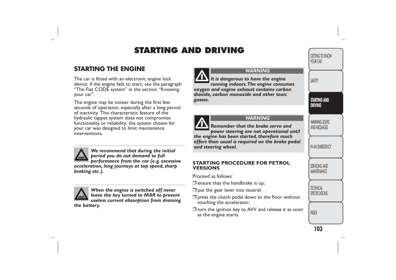 Starting and driving | FIAT 500 User Manual | Page 106 / 230