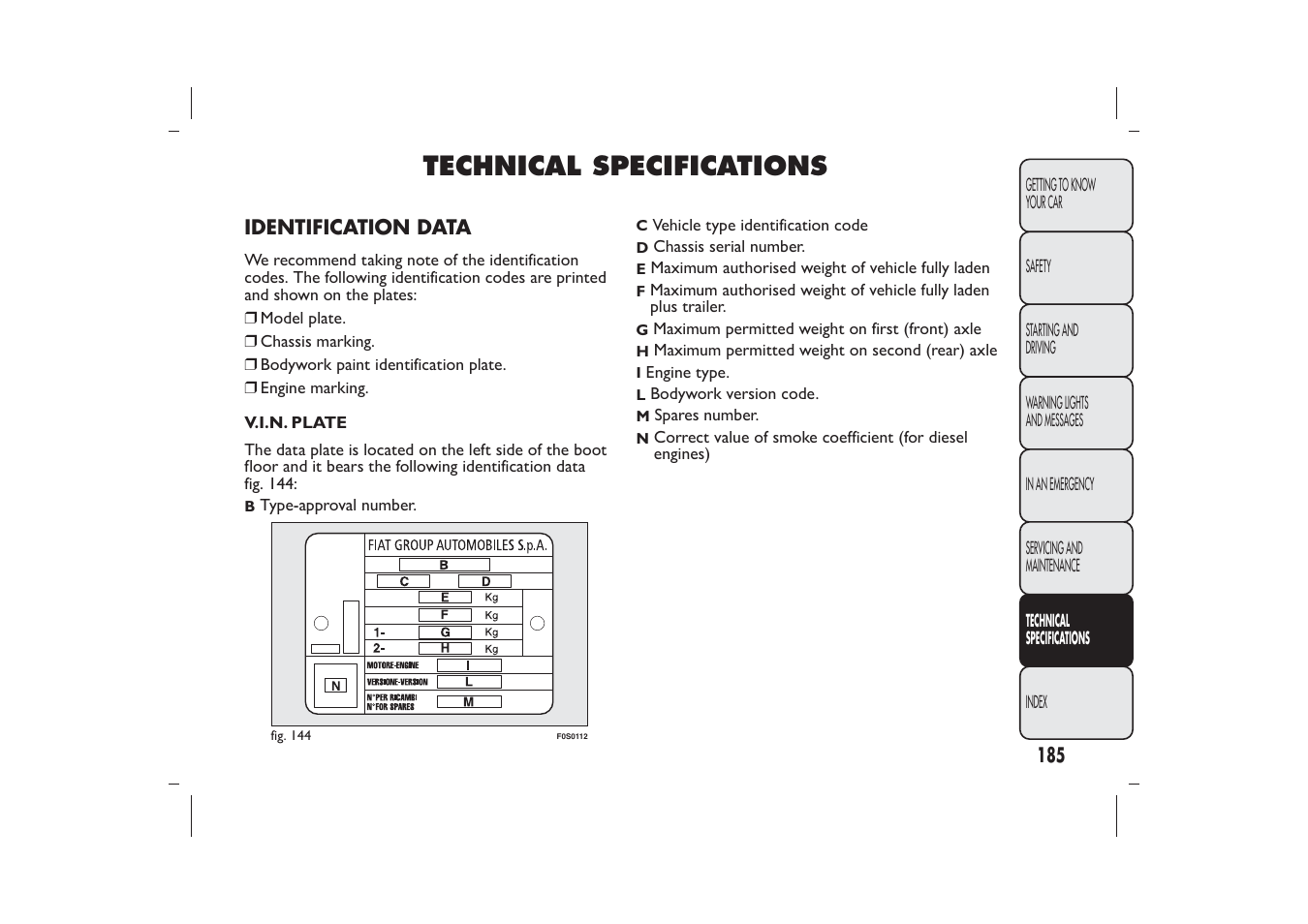 Technical specifications | FIAT 500 User Manual | Page 188 / 230