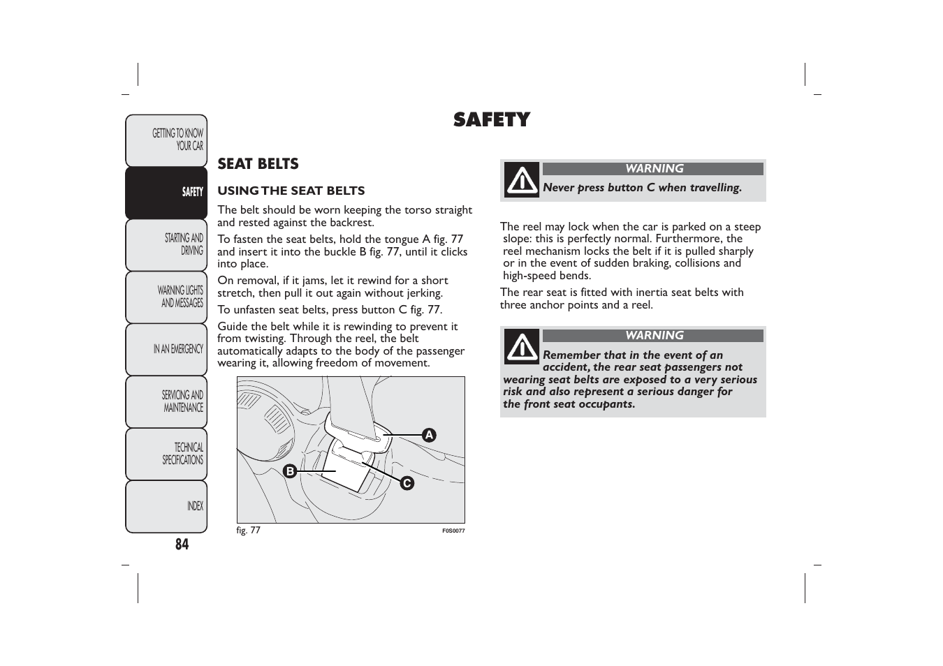 Safety | FIAT 500 User Manual | Page 87 / 230