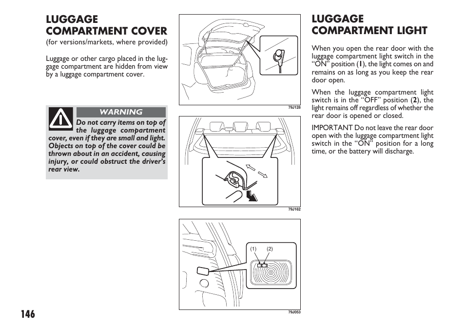 146 luggage compartment light, Luggage compartment cover | FIAT Sedici User Manual | Page 147 / 270