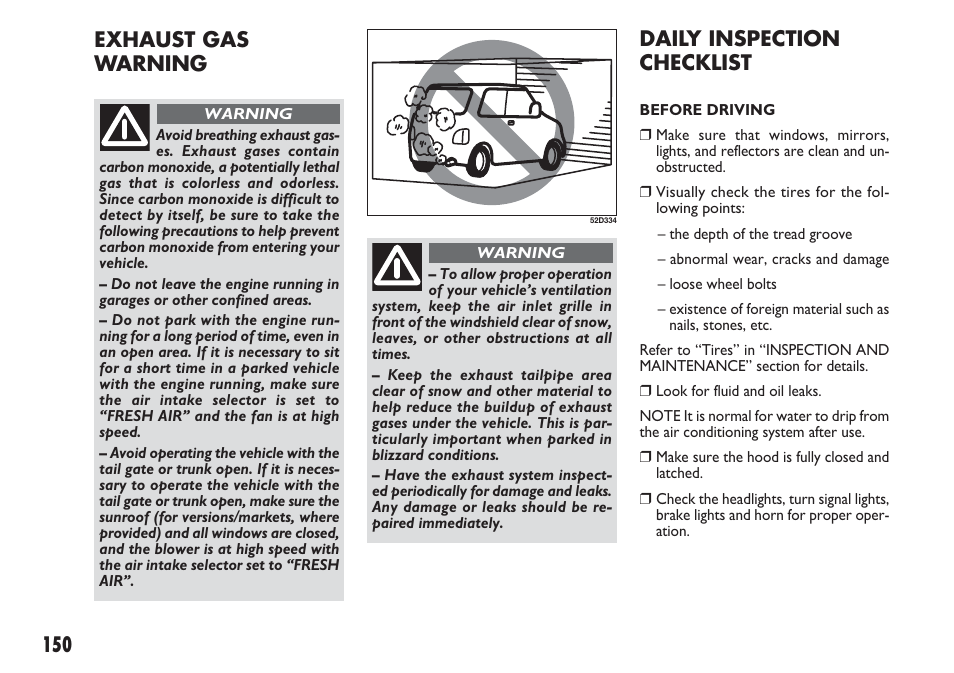 150 daily inspection checklist, Exhaust gas warning | FIAT Sedici User Manual | Page 151 / 270