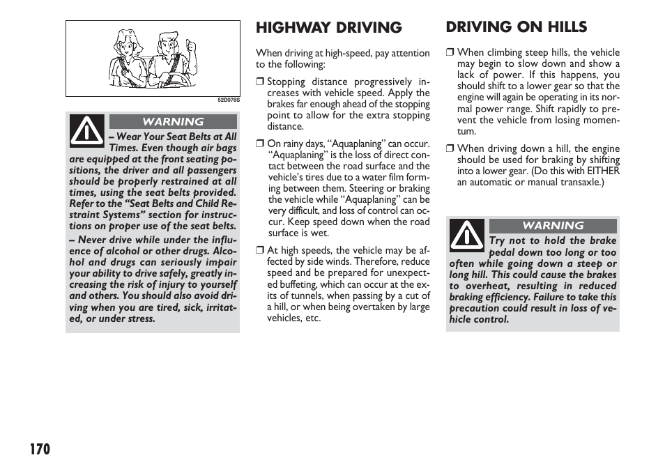 170 highway driving, Driving on hills | FIAT Sedici User Manual | Page 171 / 270