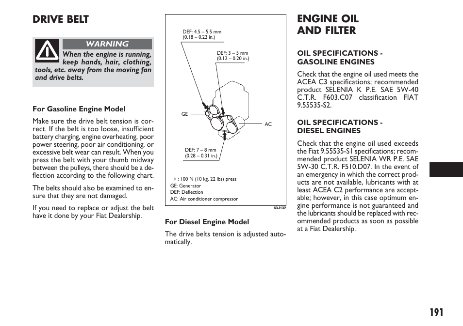 191 engine oil and filter, Drive belt | FIAT Sedici User Manual | Page 192 / 270