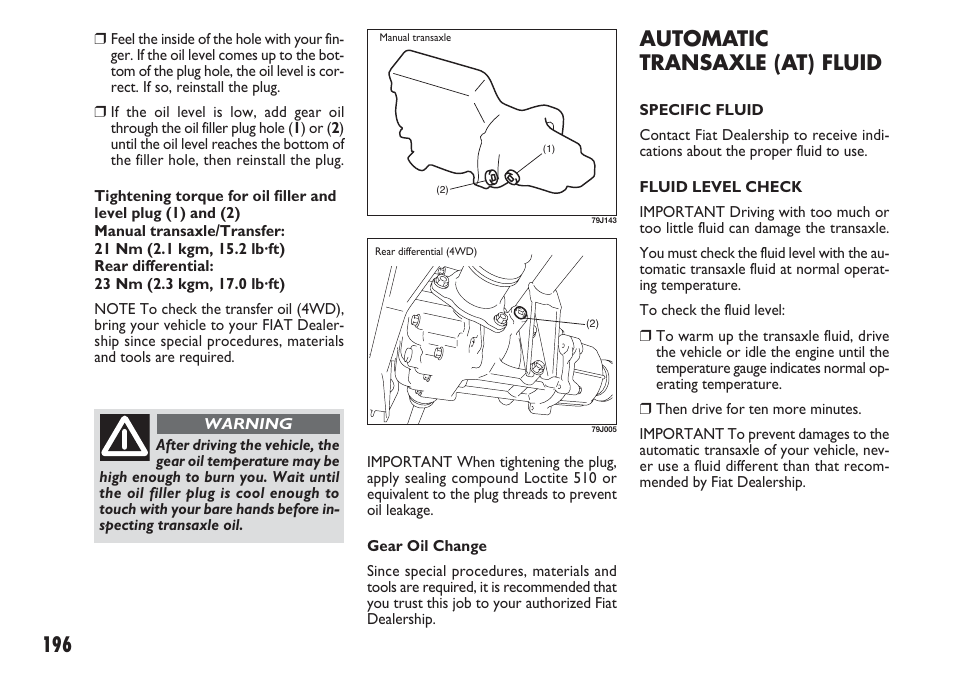 Automatic transaxle (at) fluid | FIAT Sedici User Manual | Page 197 / 270