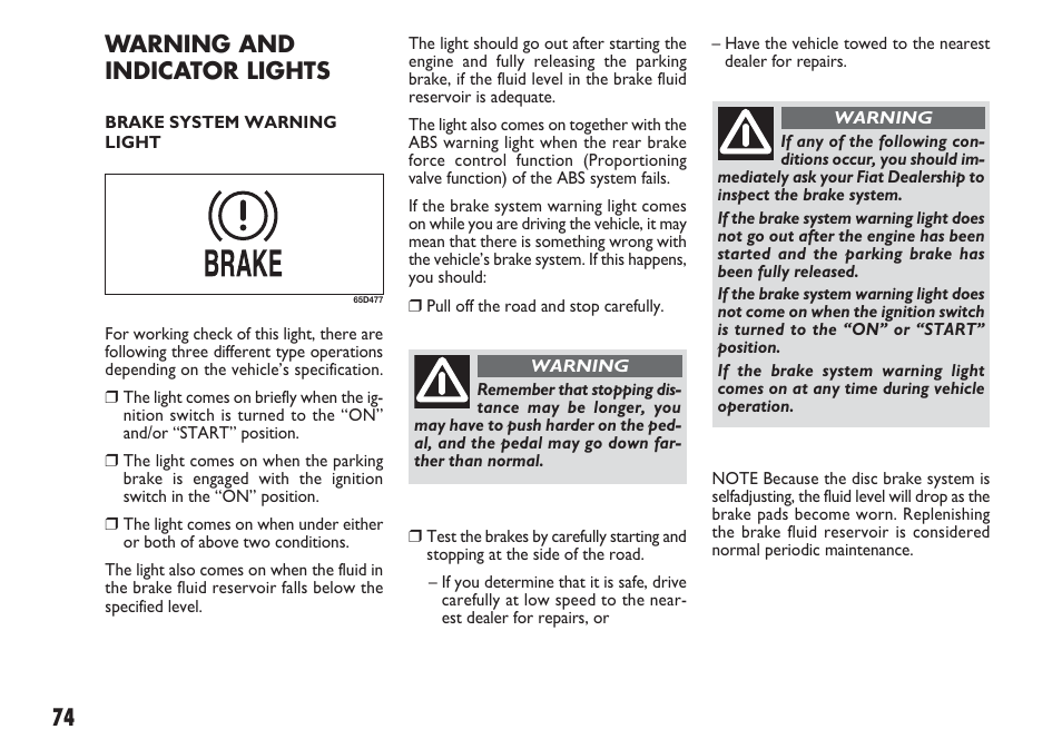 Warning and indicator lights | FIAT Sedici User Manual | Page 75 / 270