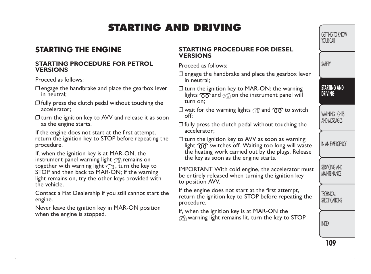 Starting and driving | FIAT Panda User Manual | Page 113 / 260