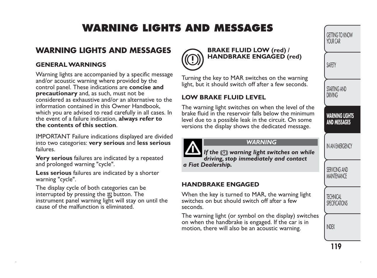 Warning lights and messages | FIAT Panda User Manual | Page 123 / 260