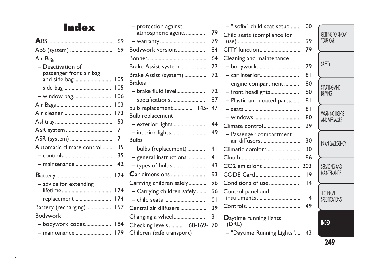 Index | FIAT Panda User Manual | Page 253 / 260