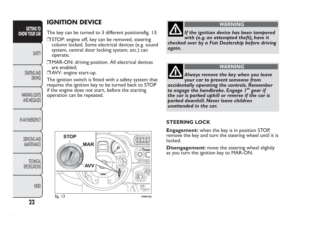 Ignition device | FIAT Panda User Manual | Page 26 / 260