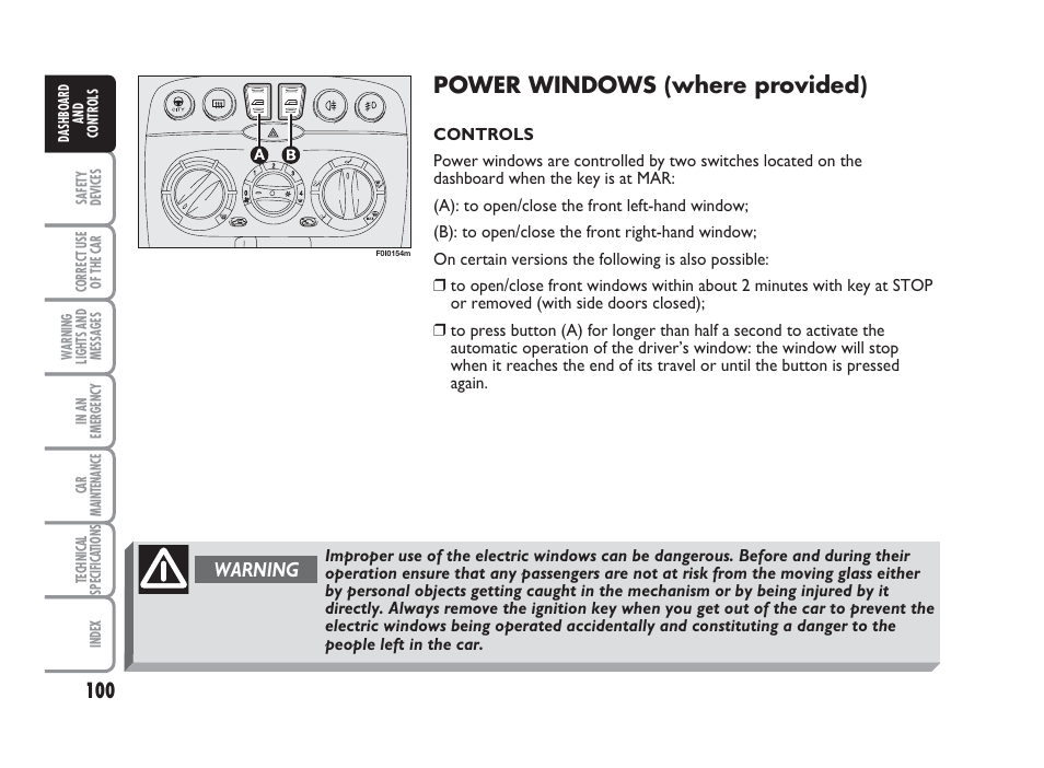 Power windows (where provided), Warning | FIAT Punto Classic User Manual | Page 101 / 298