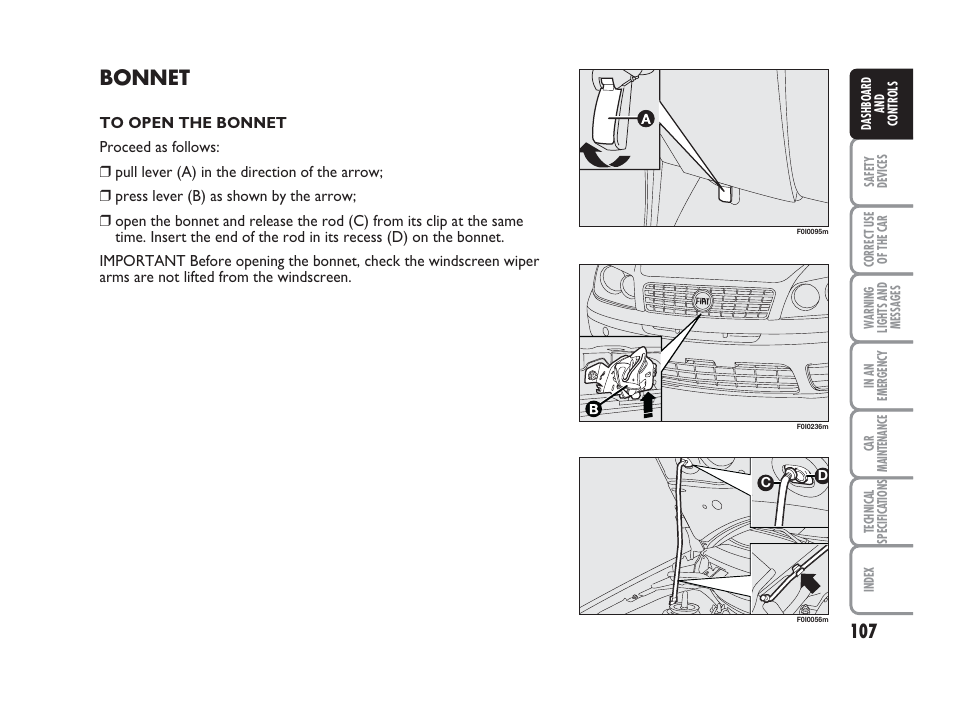 Bonnet | FIAT Punto Classic User Manual | Page 108 / 298