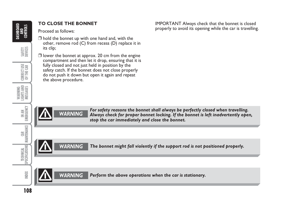 Warning | FIAT Punto Classic User Manual | Page 109 / 298