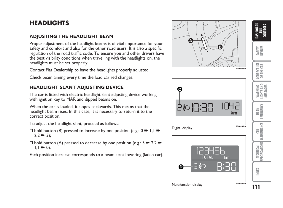 Headlights | FIAT Punto Classic User Manual | Page 112 / 298