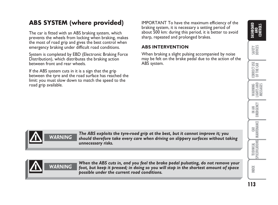 Abs system (where provided), Warning | FIAT Punto Classic User Manual | Page 114 / 298