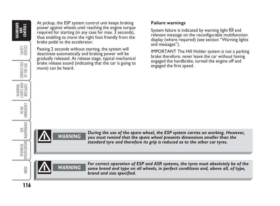 Warning | FIAT Punto Classic User Manual | Page 117 / 298