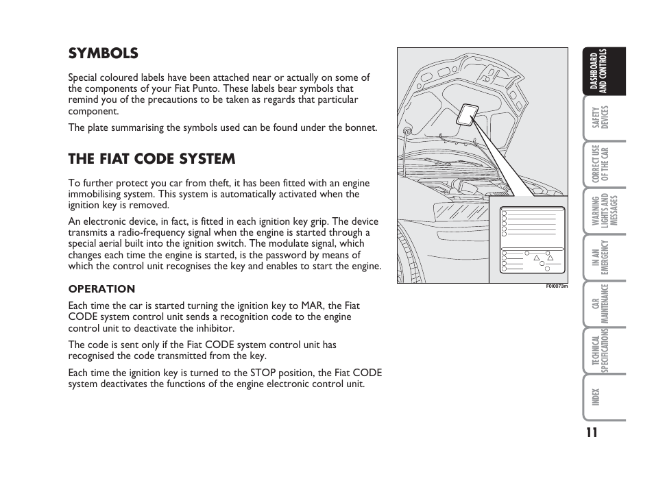 Symbols, The fiat code system | FIAT Punto Classic User Manual | Page 12 / 298