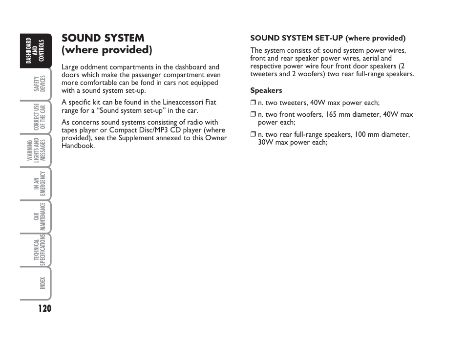 Sound system (where provided) | FIAT Punto Classic User Manual | Page 121 / 298