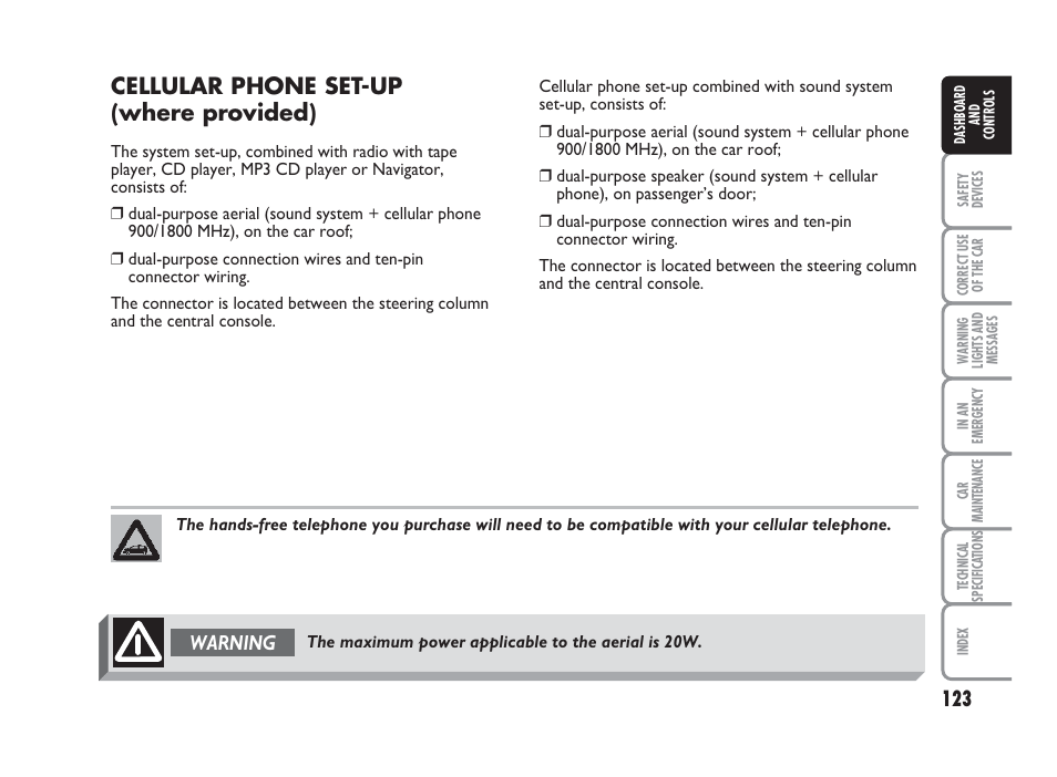 Cellular phone set-up (where provided), Warning | FIAT Punto Classic User Manual | Page 124 / 298