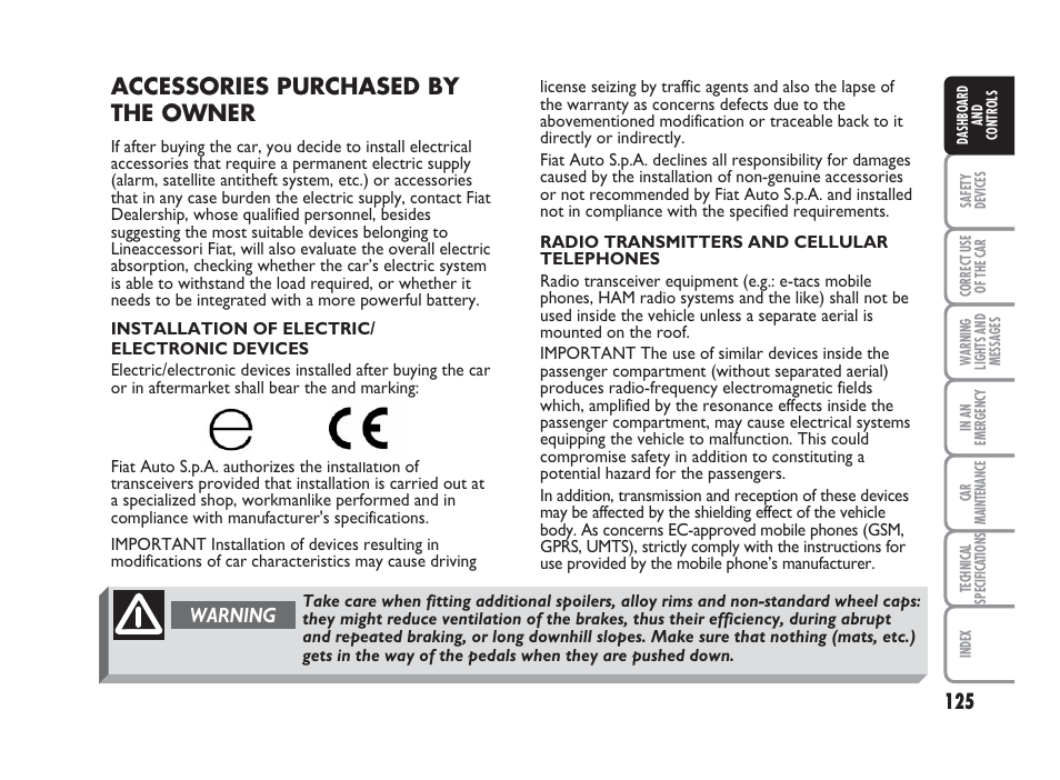 Accessories purchased by the owner, Warning | FIAT Punto Classic User Manual | Page 126 / 298