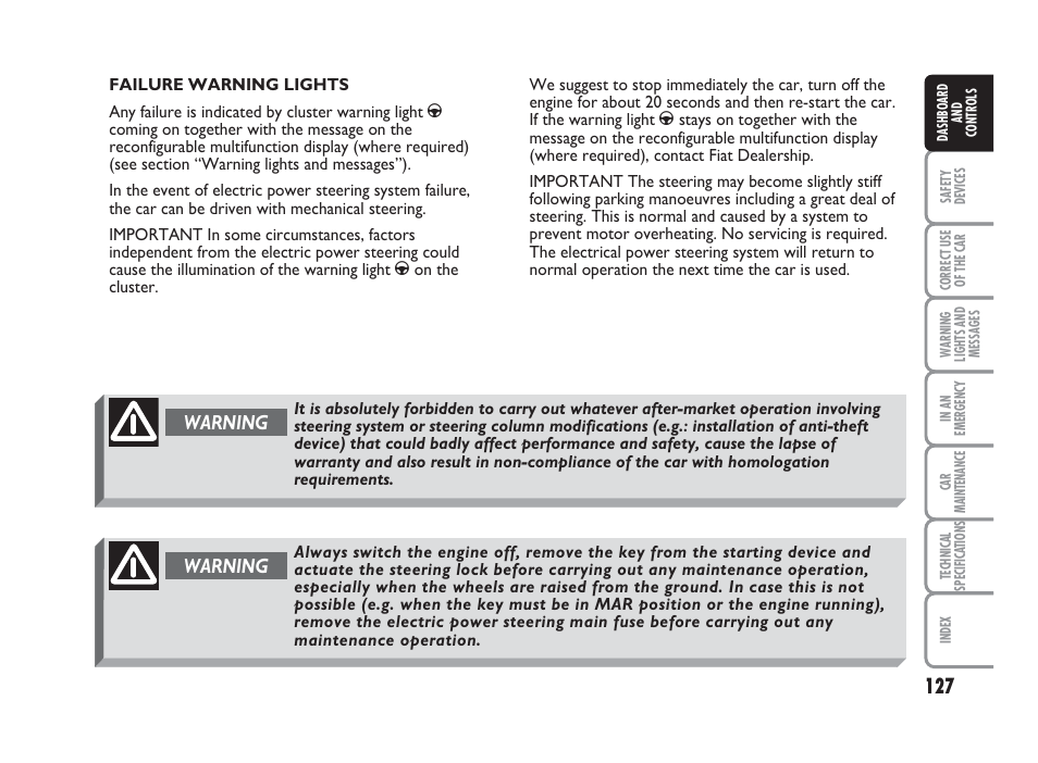 Warning | FIAT Punto Classic User Manual | Page 128 / 298