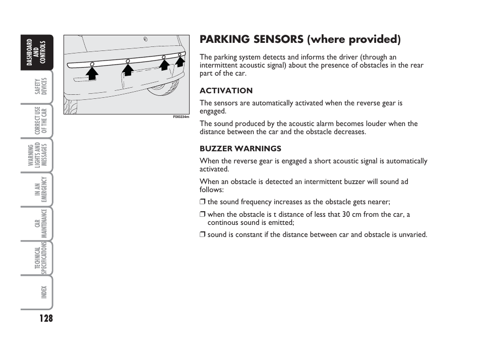 Parking sensors (where provided) | FIAT Punto Classic User Manual | Page 129 / 298