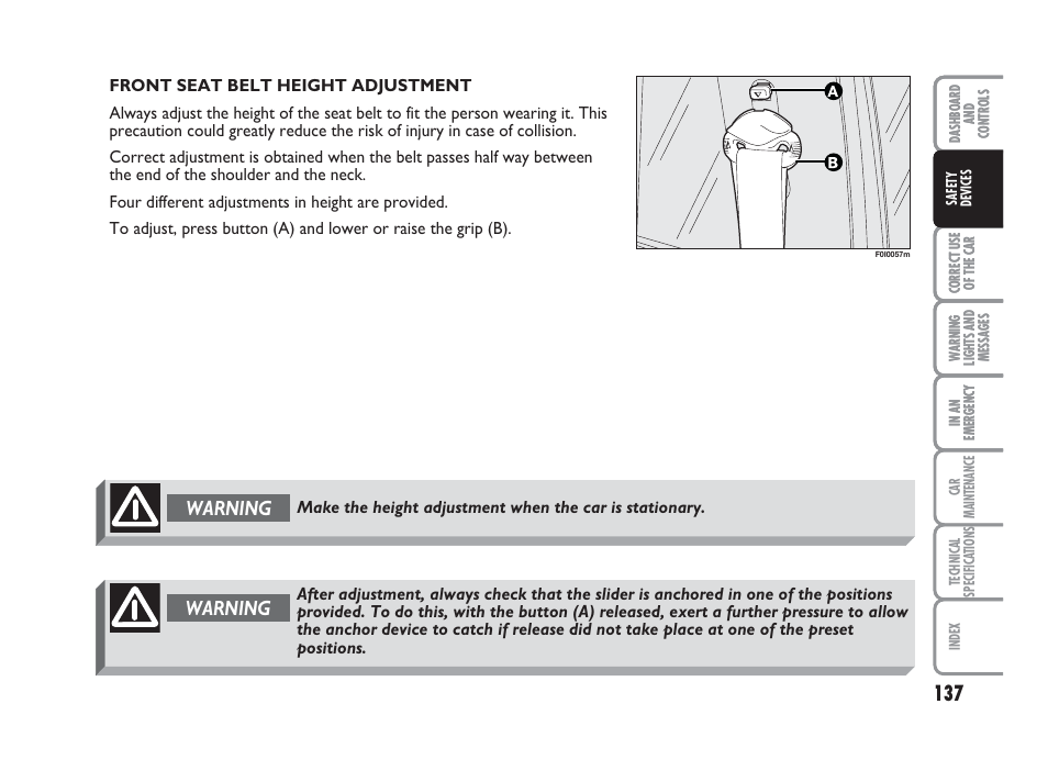 Warning | FIAT Punto Classic User Manual | Page 138 / 298