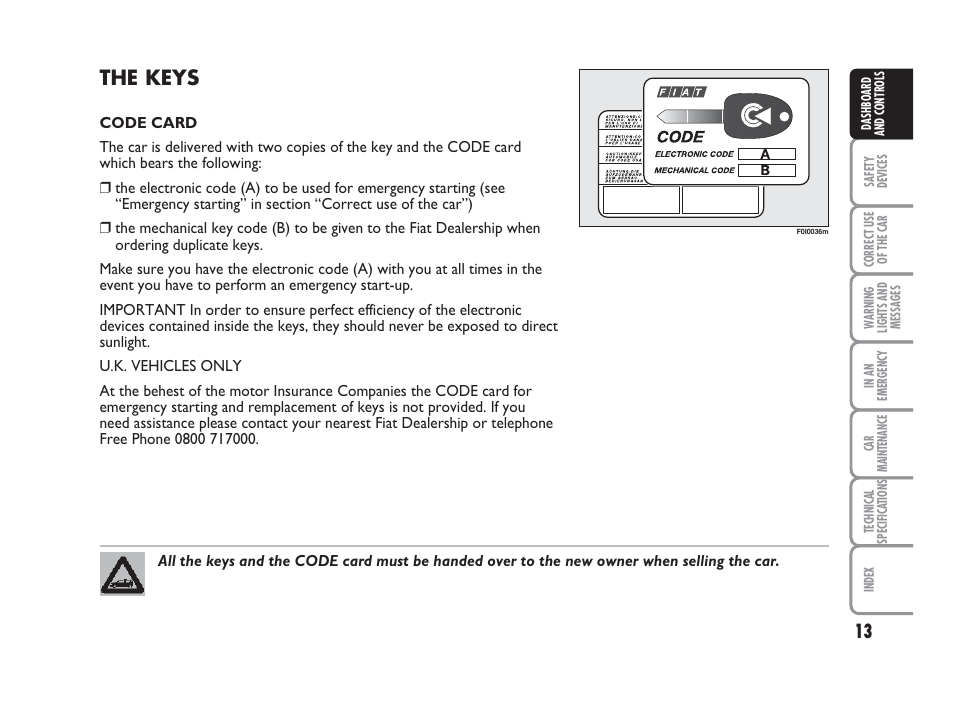 The keys | FIAT Punto Classic User Manual | Page 14 / 298