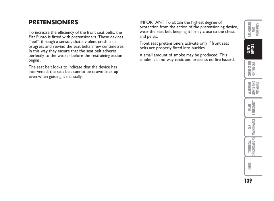 Pretensioners | FIAT Punto Classic User Manual | Page 140 / 298