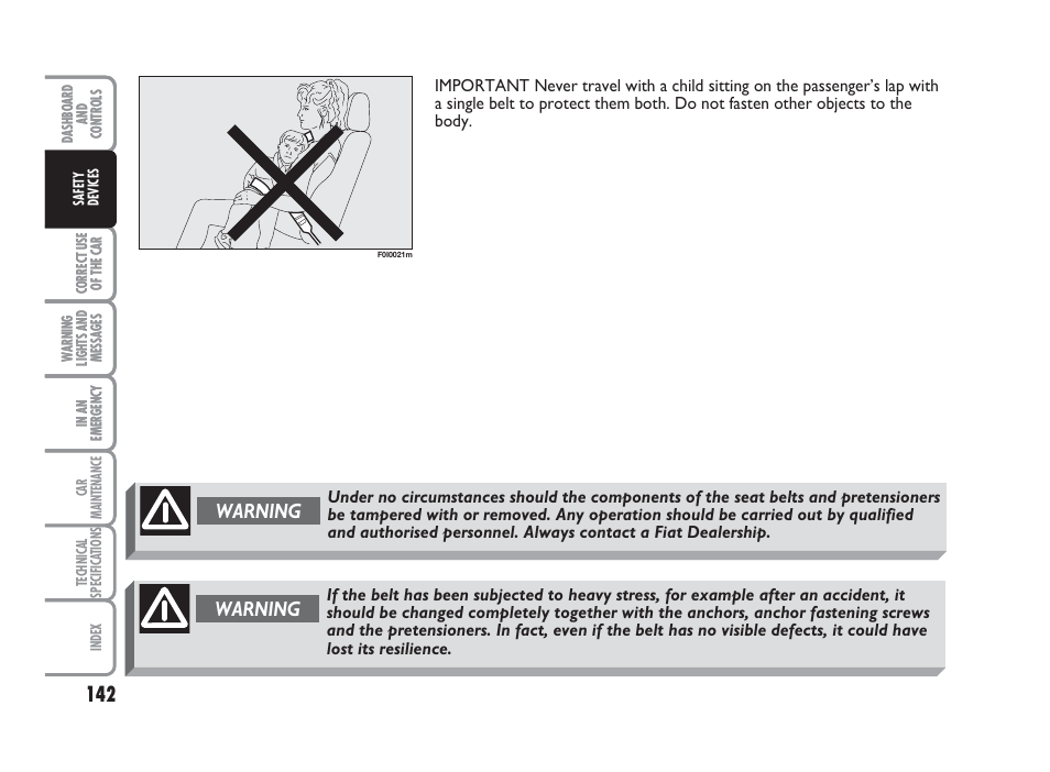 Warning 142, Warning | FIAT Punto Classic User Manual | Page 143 / 298