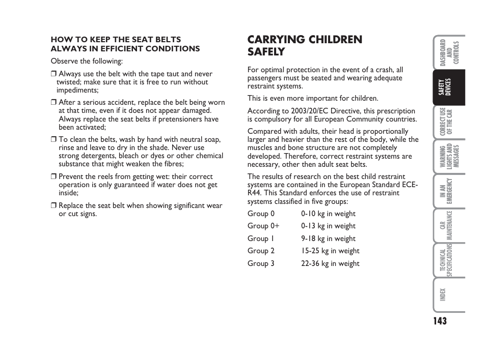 Carrying children safely | FIAT Punto Classic User Manual | Page 144 / 298